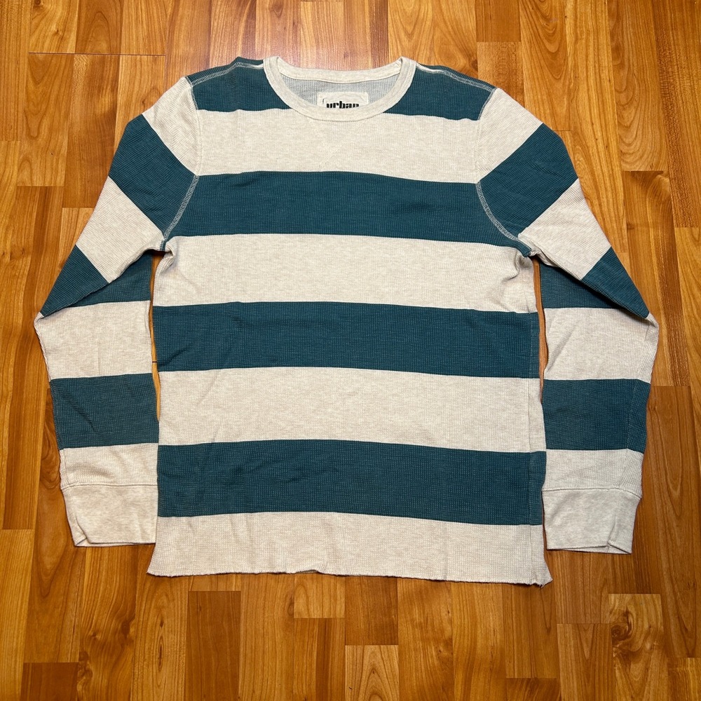 Waffle Thermal Urban Pipeline Mens Long Sleeve Shirt XL Blue Cream Striped